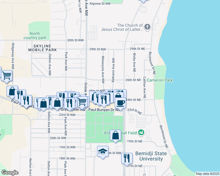 map of restaurants, bars, coffee shops, grocery stores, and more near 2502 Minnesota Avenue Northwest in Bemidji