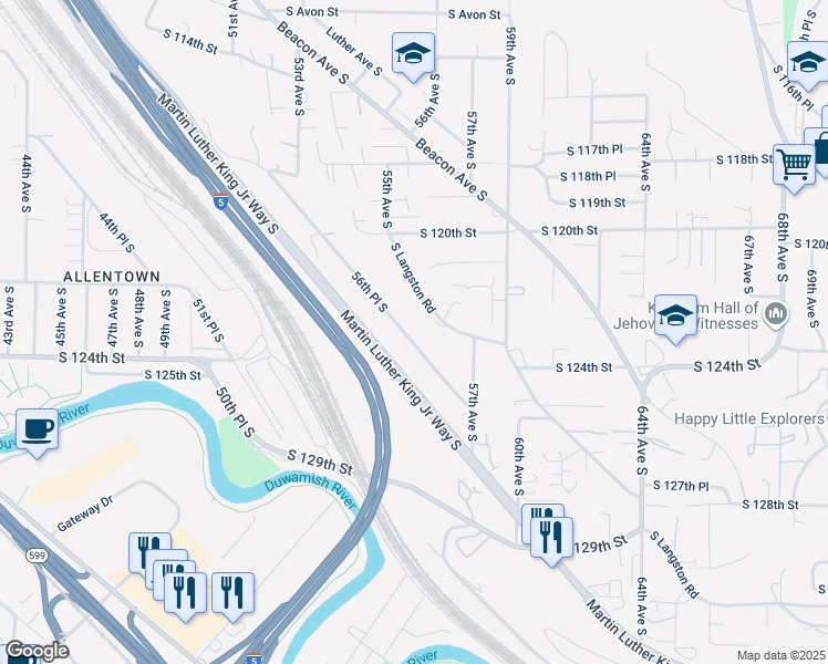 map of restaurants, bars, coffee shops, grocery stores, and more near 12260 56th Place South in Seattle