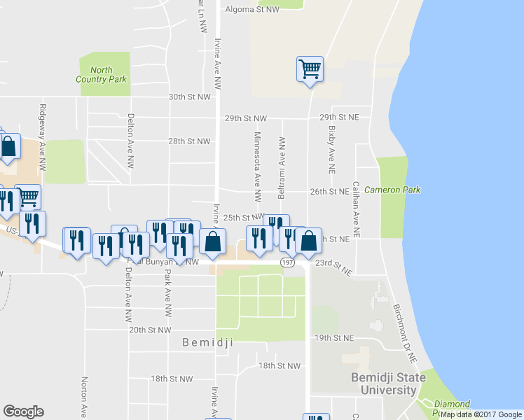 map of restaurants, bars, coffee shops, grocery stores, and more near 2502 Minnesota Avenue Northwest in Bemidji