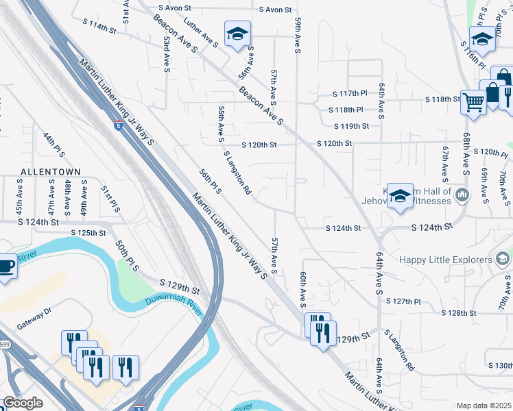 map of restaurants, bars, coffee shops, grocery stores, and more near 5635 Langston Road South in Seattle