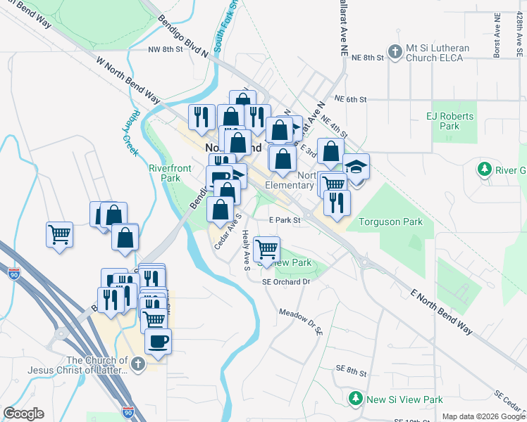 map of restaurants, bars, coffee shops, grocery stores, and more near 214 East Park Street in North Bend