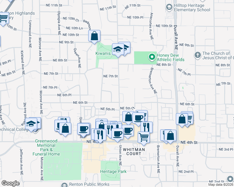 map of restaurants, bars, coffee shops, grocery stores, and more near 651 Union Avenue Northeast in Renton
