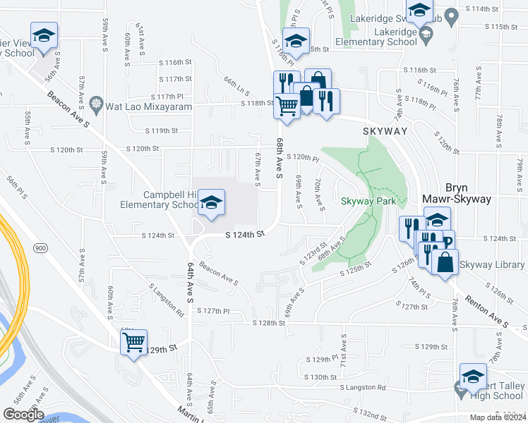 map of restaurants, bars, coffee shops, grocery stores, and more near 12232 67th Avenue South in Seattle