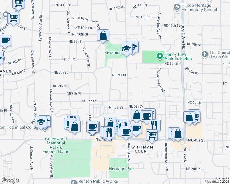 map of restaurants, bars, coffee shops, grocery stores, and more near 3919 Northeast 6th Place in Renton