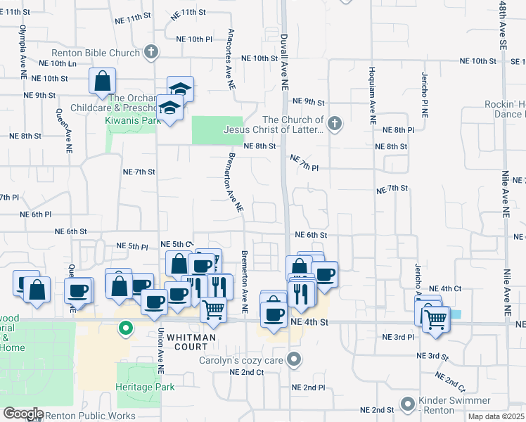 map of restaurants, bars, coffee shops, grocery stores, and more near 605 Bremerton Place Northeast in Renton