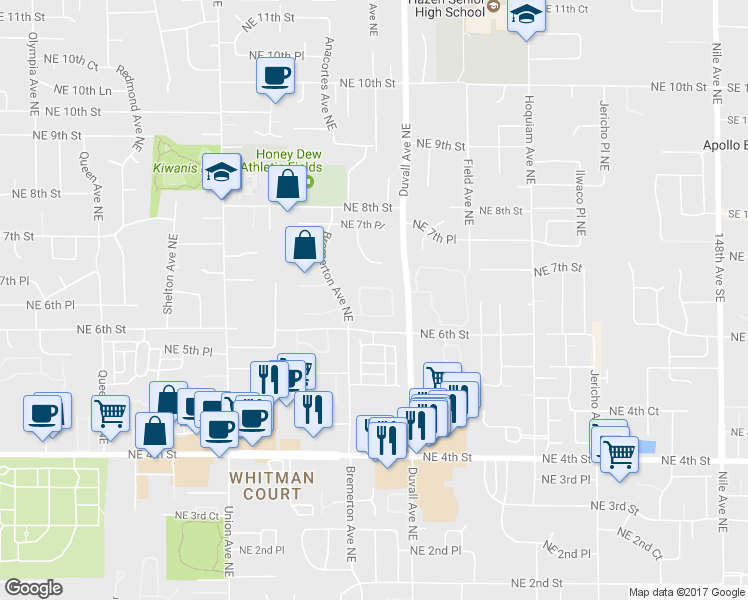map of restaurants, bars, coffee shops, grocery stores, and more near 608 Chelan Place Northeast in Renton