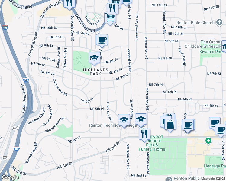 map of restaurants, bars, coffee shops, grocery stores, and more near 651 Index Place Northeast in Renton
