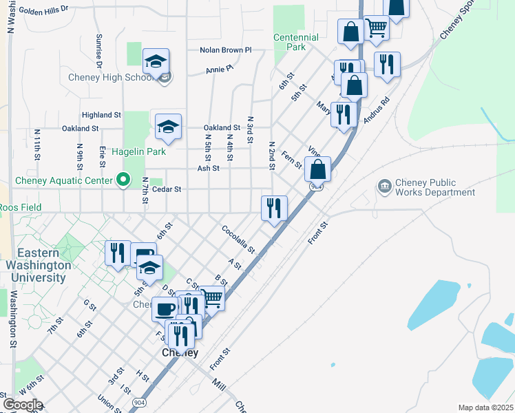 map of restaurants, bars, coffee shops, grocery stores, and more near 3 North 3rd Street in Cheney