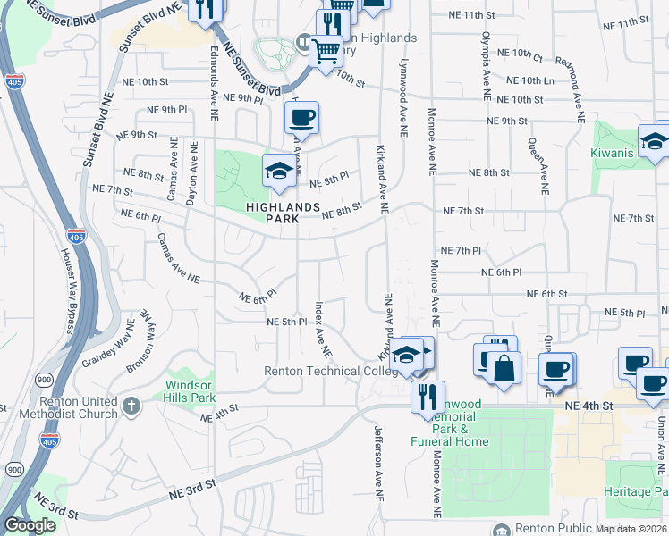 map of restaurants, bars, coffee shops, grocery stores, and more near 651 Index Place Northeast in Renton