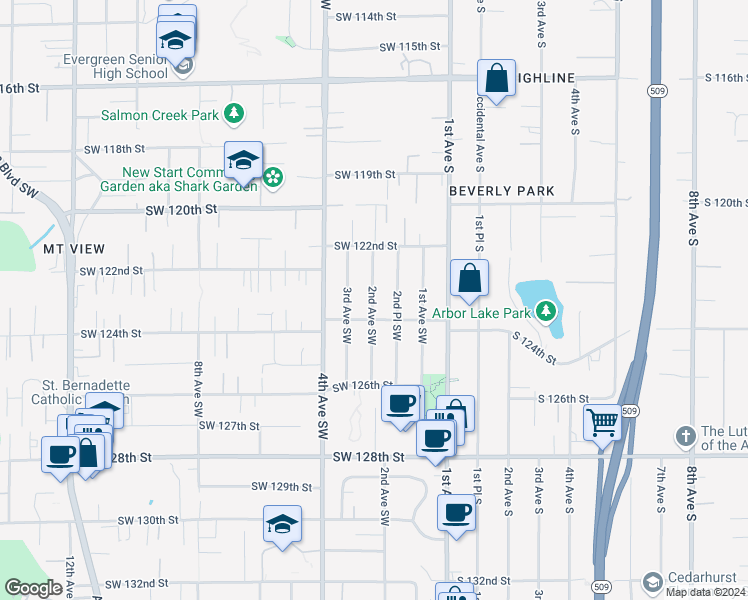 map of restaurants, bars, coffee shops, grocery stores, and more near 12250 2nd Avenue Southwest in Seattle