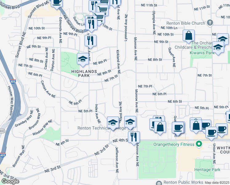 map of restaurants, bars, coffee shops, grocery stores, and more near 650 Jefferson Avenue Northeast in Renton