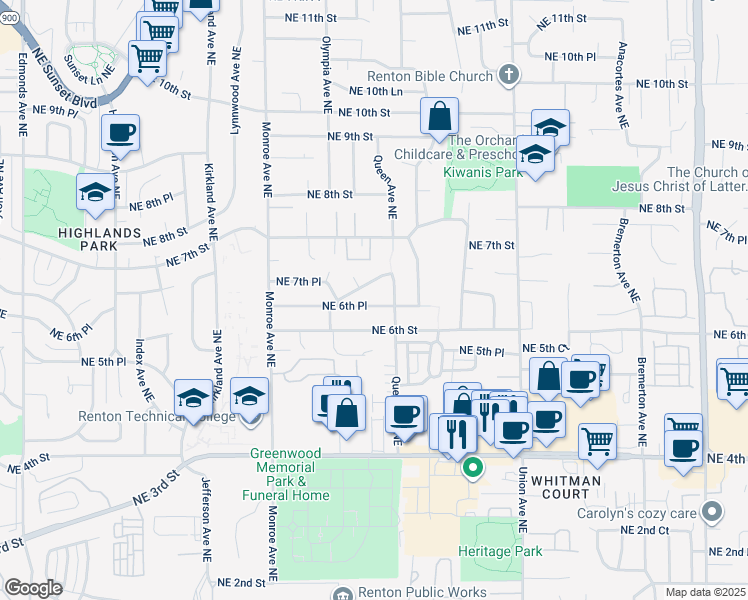 map of restaurants, bars, coffee shops, grocery stores, and more near 3606 Northeast 6th Place in Renton