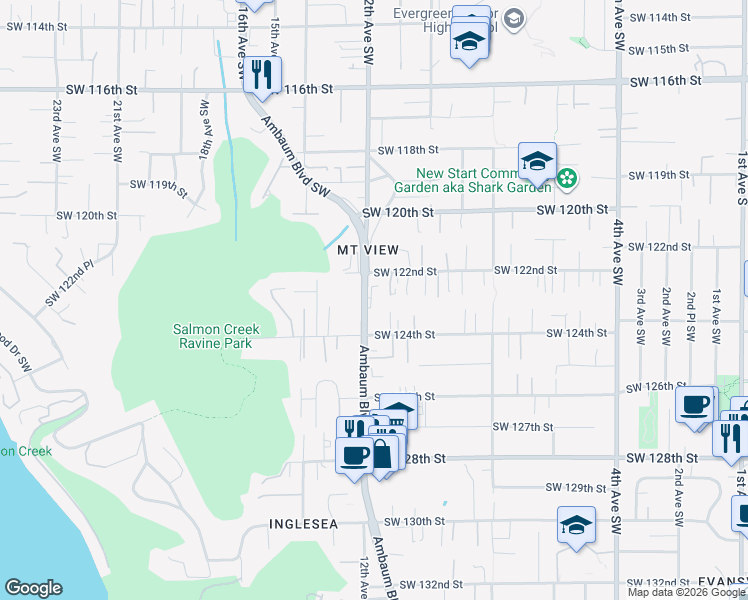 map of restaurants, bars, coffee shops, grocery stores, and more near 12230 Ambaum Boulevard Southwest in Seattle