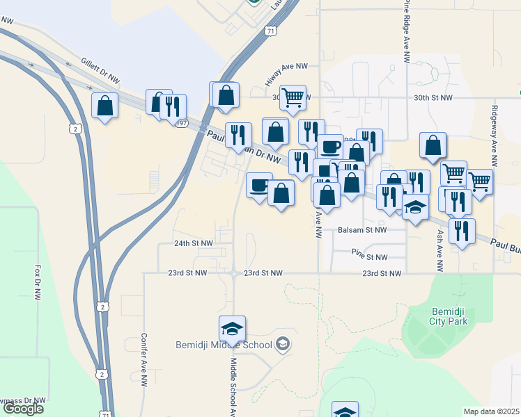 map of restaurants, bars, coffee shops, grocery stores, and more near 2100 Paul Bunyan Drive Northwest in Bemidji