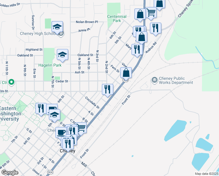 map of restaurants, bars, coffee shops, grocery stores, and more near 1203 2nd Street in Cheney