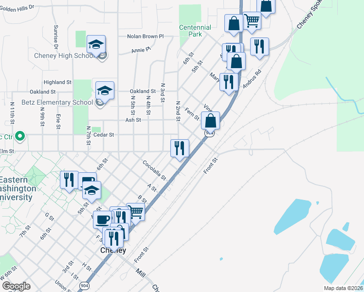 map of restaurants, bars, coffee shops, grocery stores, and more near 1203 2nd Street in Cheney