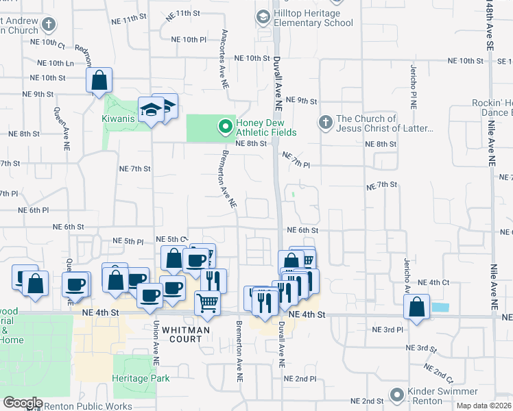map of restaurants, bars, coffee shops, grocery stores, and more near 605 Bremerton Place Northeast in Renton