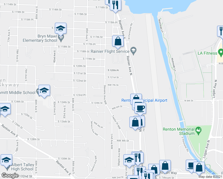 map of restaurants, bars, coffee shops, grocery stores, and more near 309 Northwest 7th Street in Renton