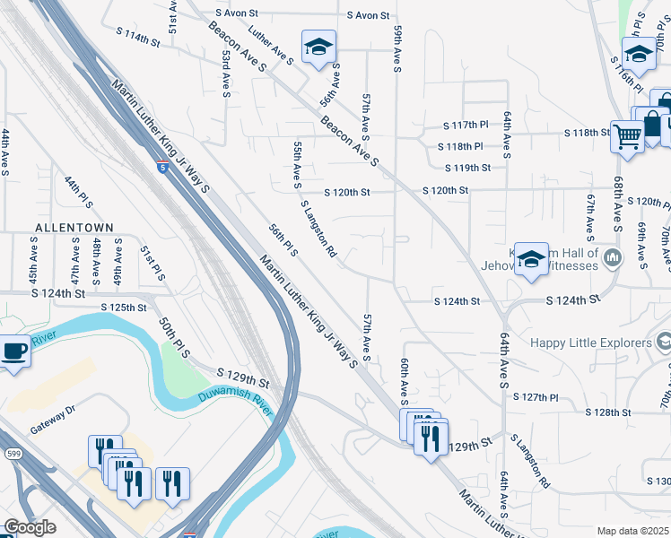map of restaurants, bars, coffee shops, grocery stores, and more near 5635 Langston Road South in Seattle