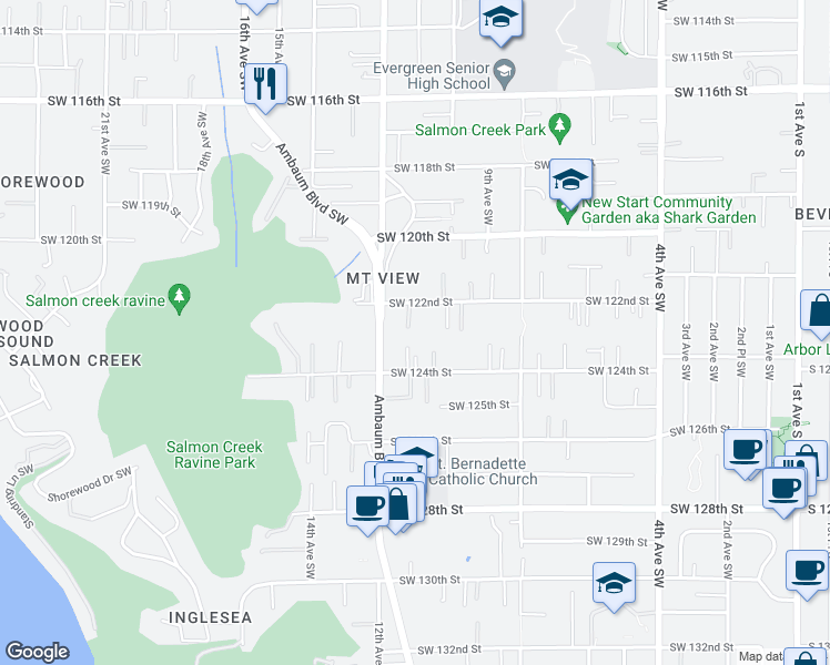 map of restaurants, bars, coffee shops, grocery stores, and more near 12309 11th Place Southwest in Seattle