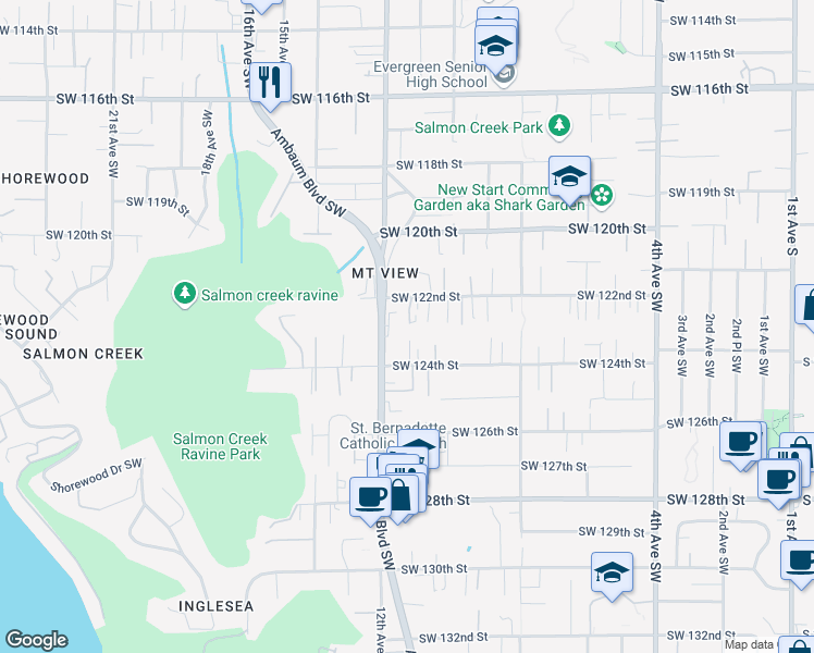 map of restaurants, bars, coffee shops, grocery stores, and more near 12309 11th Place Southwest in Seattle