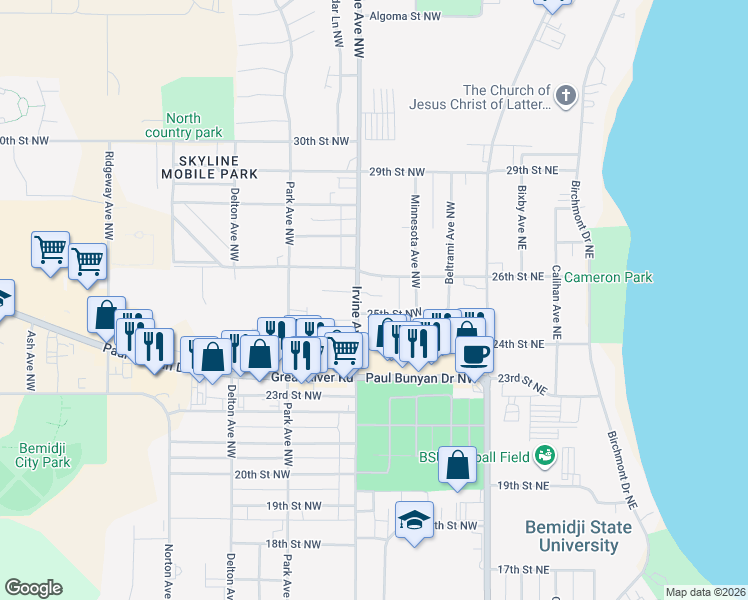 map of restaurants, bars, coffee shops, grocery stores, and more near 322 26th Street Northwest in Bemidji