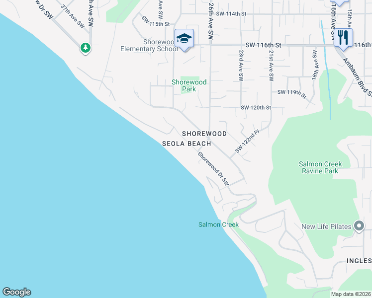 map of restaurants, bars, coffee shops, grocery stores, and more near 12145 Shorewood Drive Southwest in Burien