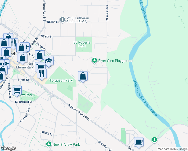 map of restaurants, bars, coffee shops, grocery stores, and more near 353 Zemp Way Northeast in North Bend