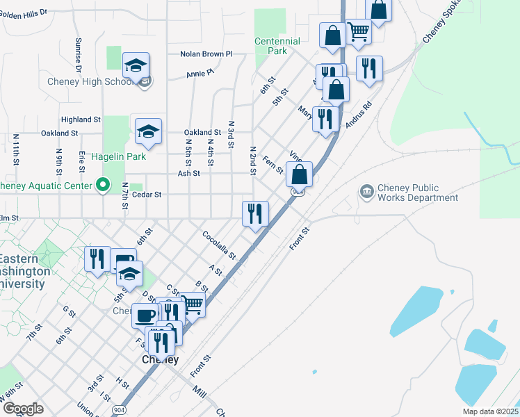 map of restaurants, bars, coffee shops, grocery stores, and more near 1203 2nd Street in Cheney