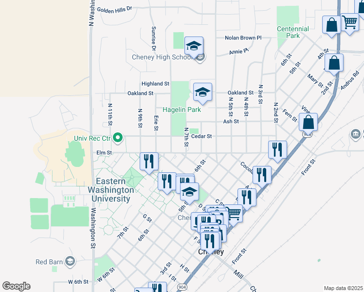 map of restaurants, bars, coffee shops, grocery stores, and more near 705 Elm Street in Cheney
