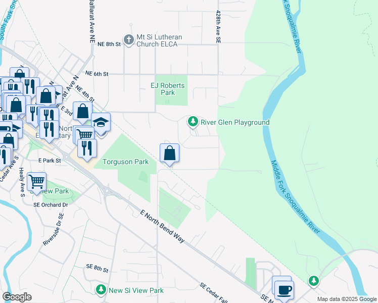map of restaurants, bars, coffee shops, grocery stores, and more near 353 Zemp Way Northeast in North Bend