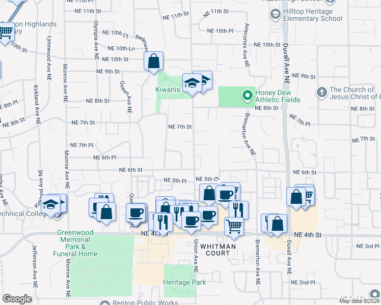 map of restaurants, bars, coffee shops, grocery stores, and more near 651 Union Avenue Northeast in Renton