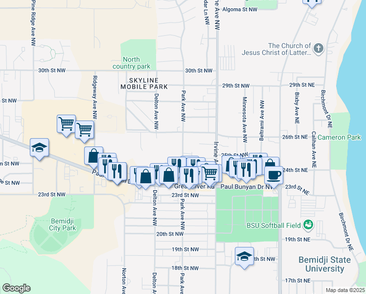 map of restaurants, bars, coffee shops, grocery stores, and more near 2527 Park Ave NW in Bemidji