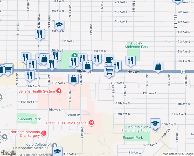 map of restaurants, bars, coffee shops, grocery stores, and more near 3029 10th Avenue South in Great Falls