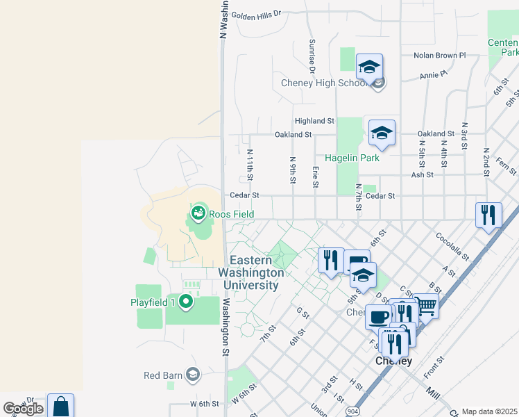 map of restaurants, bars, coffee shops, grocery stores, and more near 1123 South Elm Street in Spokane