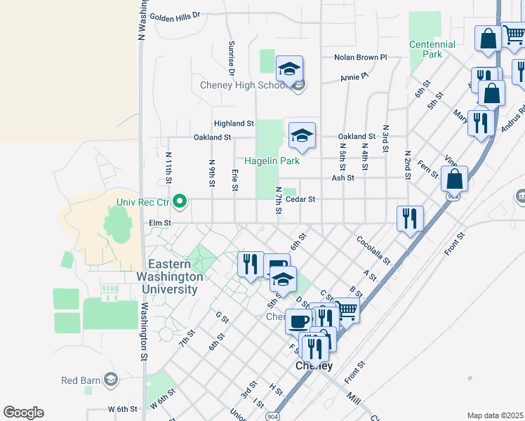 map of restaurants, bars, coffee shops, grocery stores, and more near 705 Elm Street in Cheney