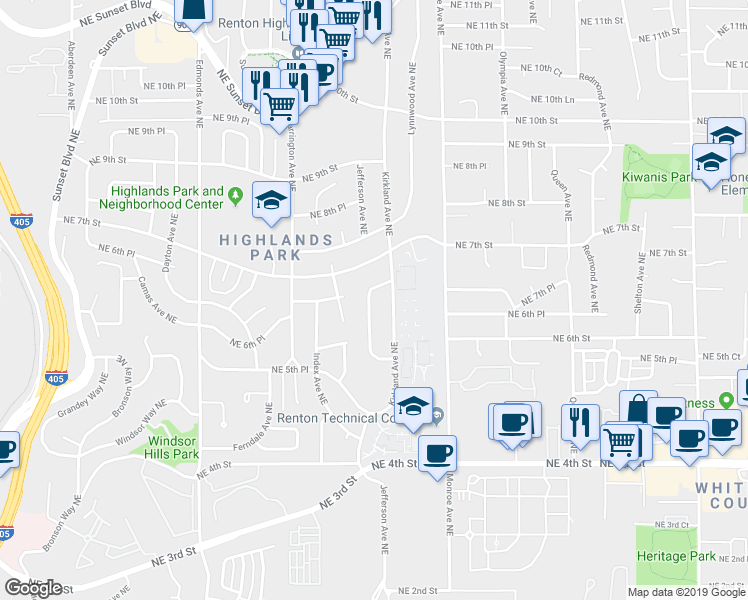 map of restaurants, bars, coffee shops, grocery stores, and more near 650 Jefferson Avenue Northeast in Renton