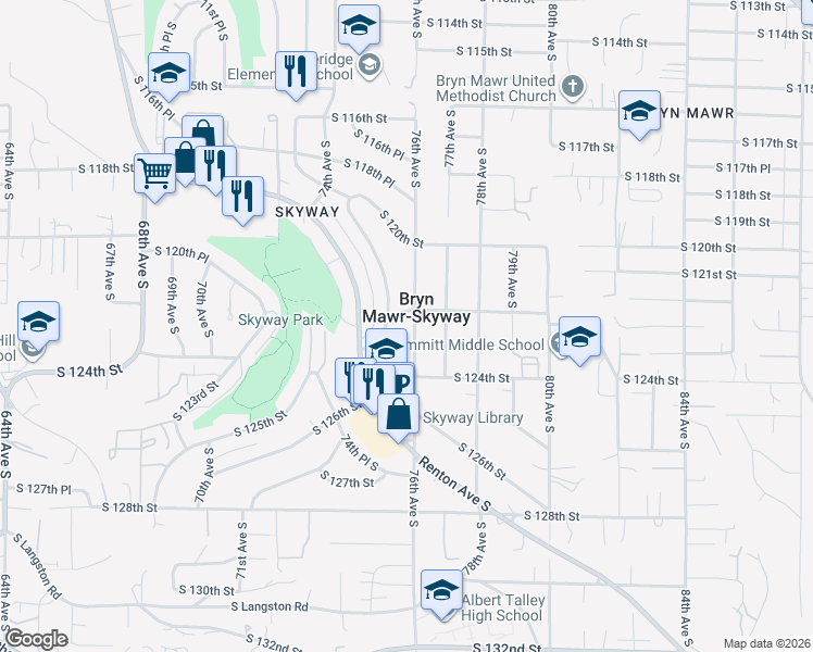 map of restaurants, bars, coffee shops, grocery stores, and more near 12228 76th Avenue South in Seattle