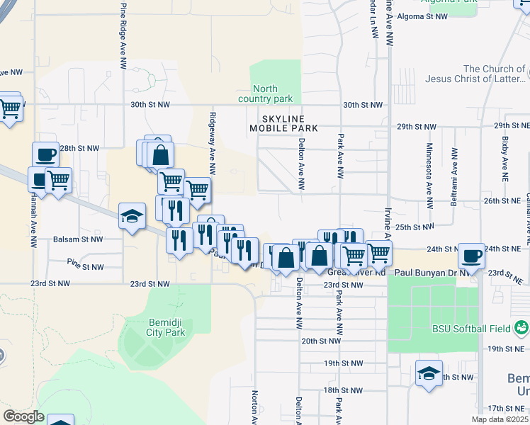 map of restaurants, bars, coffee shops, grocery stores, and more near 904 26th Street Northwest in Bemidji