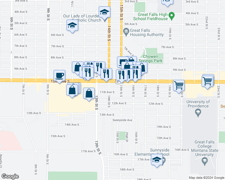 map of restaurants, bars, coffee shops, grocery stores, and more near 1407 11th Avenue South in Great Falls