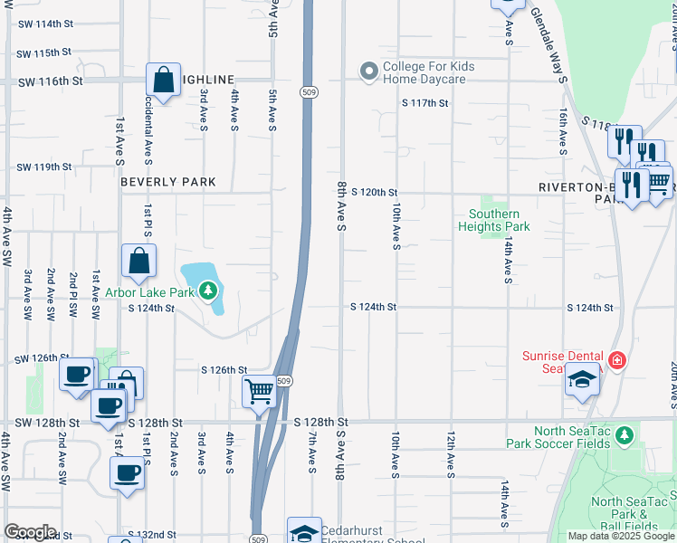 map of restaurants, bars, coffee shops, grocery stores, and more near 12227 8th Avenue South in Burien