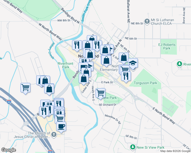 map of restaurants, bars, coffee shops, grocery stores, and more near 214 East Park Street in North Bend