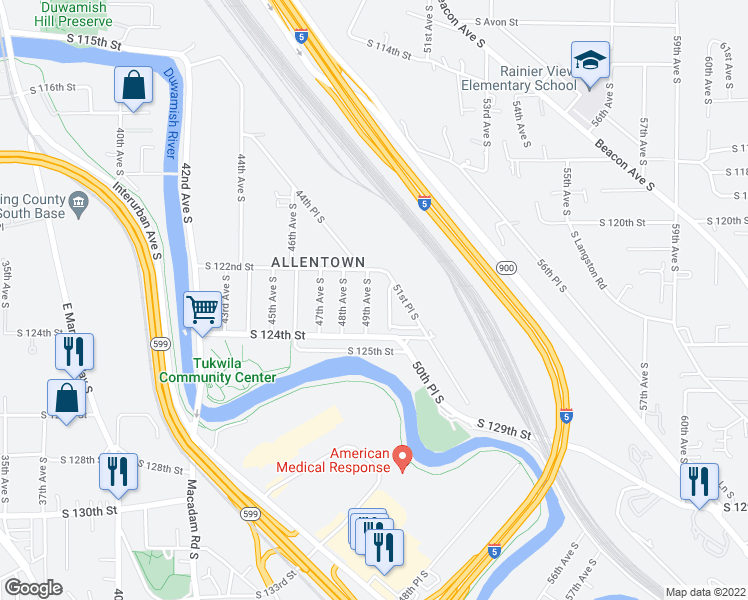 map of restaurants, bars, coffee shops, grocery stores, and more near 12228 49th Avenue South in Tukwila