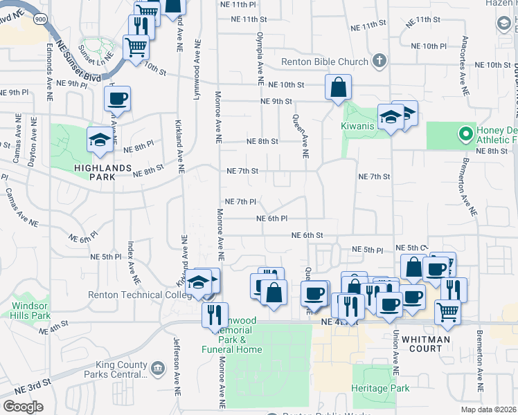 map of restaurants, bars, coffee shops, grocery stores, and more near 3425 Northeast 7th Place in Renton