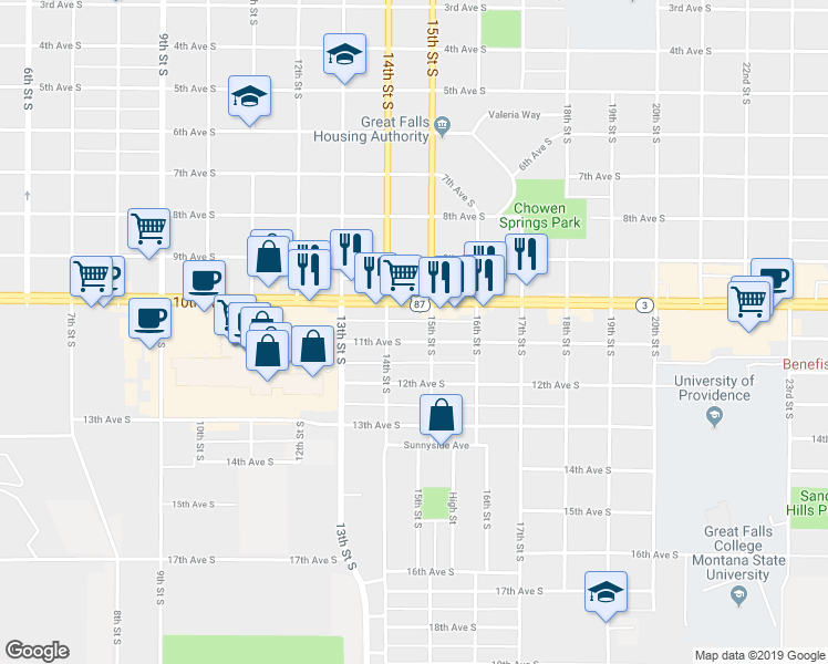 map of restaurants, bars, coffee shops, grocery stores, and more near 1419 11th Avenue South in Great Falls