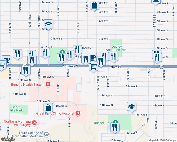 map of restaurants, bars, coffee shops, grocery stores, and more near 3040 10th Avenue South in Great Falls