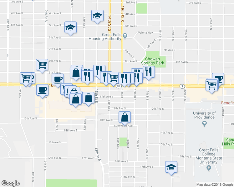 map of restaurants, bars, coffee shops, grocery stores, and more near 1426 11th Avenue South in Great Falls