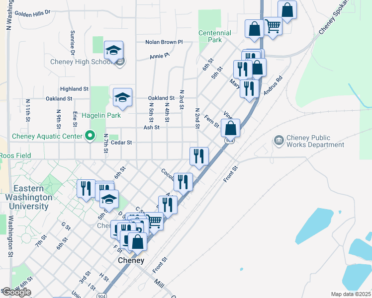 map of restaurants, bars, coffee shops, grocery stores, and more near 3 North 3rd Street in Cheney