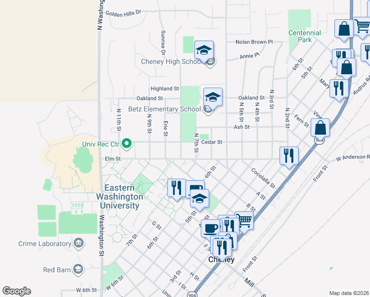 map of restaurants, bars, coffee shops, grocery stores, and more near 705 Elm Street in Cheney