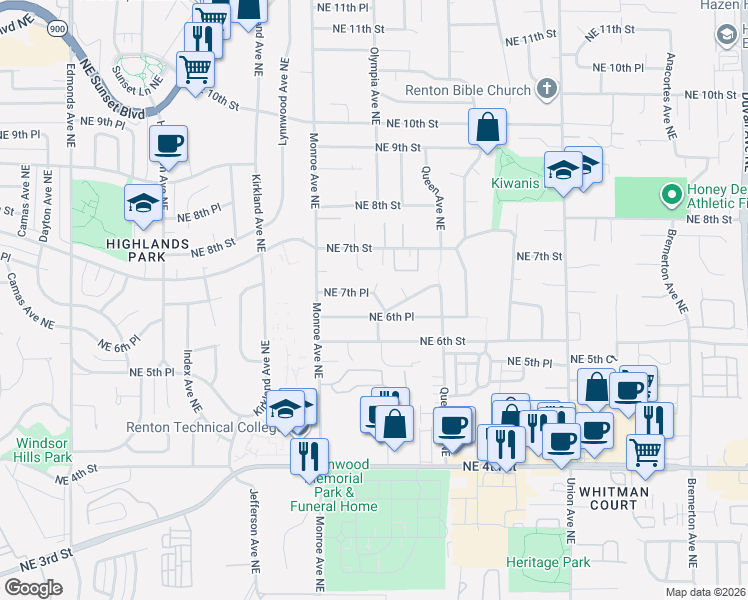 map of restaurants, bars, coffee shops, grocery stores, and more near 933 Northeast 7th Place in Renton